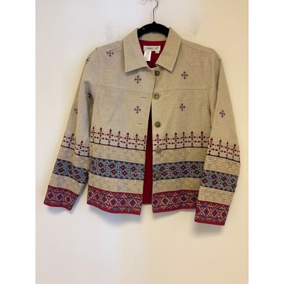 Coldwater Creek Jacket Womens Linen Blend Western Aztec Embroidered Tan - Picture 1 of 7